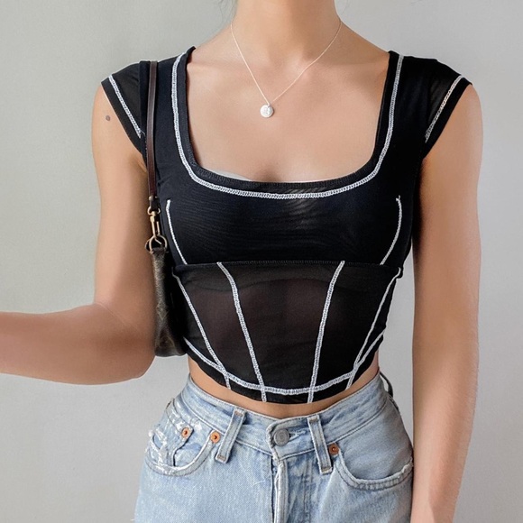 Urban Outfitters Tops - UO NYLA MESH CROPPED CORSET TOP IN BLACK Size Small